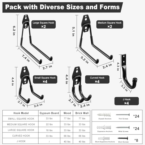 Garage Hooks, 20-Pack Steel Garage Accessories for Organization and Storage, Heavy Wall Mount Duty Hooks with Anti-Slip Coating for Hanging Ladder, Bike, Power Tools and More Tools, Black