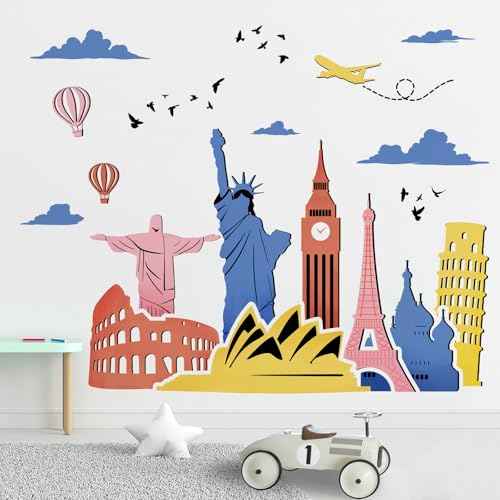 Yovkky World Famous Landmarks Buildings Wall Decals Stickers, Globe Travel Statue of Liberty Architecture Home Bedroom Decor, Airplane Hot Balloon Cloud Tourist Living Room Kitchen Decorations Art