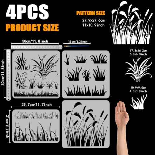 FINGERINSPIRE 4 PCS Grass Painting Stencil with 1 Pc Plastic Paint Brush Reusable 4 Styles Reusable Grass Drawing Template Plants Theme Grasses Pattern Stencil for Painting on Wall Wood Furniture