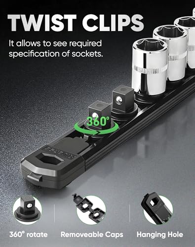 ALOANES Magnetic Socket Organizer Rail 14 Clips 3/8" Drive Black, 1PC