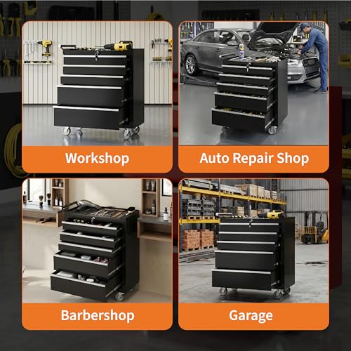Garvee Black 5-Drawer Rolling Tool Chest Cabinet with Locking System, 24in Toolbox on Wheels