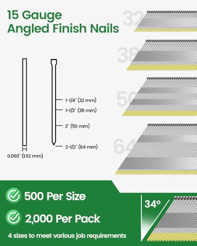 Meite 15 Gauge Angled Finish Nails Set - Galvanized, 4 Sizes, 2000PCS, Compatible with Major Nailers