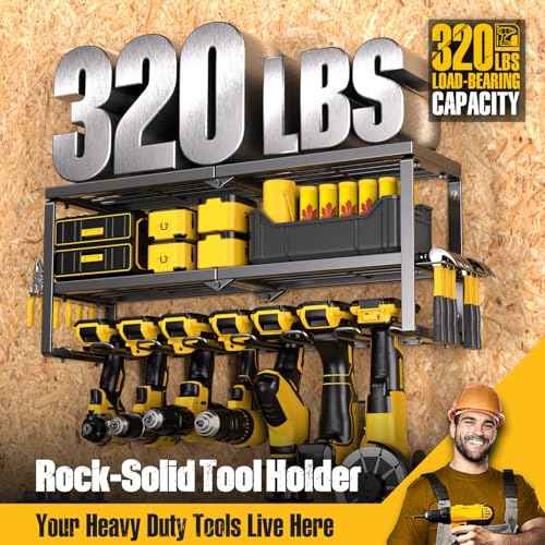Power Tool Organizer for Tool Storage, Drill Holder Wall Mount with Screwdriver Organizer, Tool Holder for Garage Wall Organization, Heavy Duty Metal Tool Shelf with Battery Holder