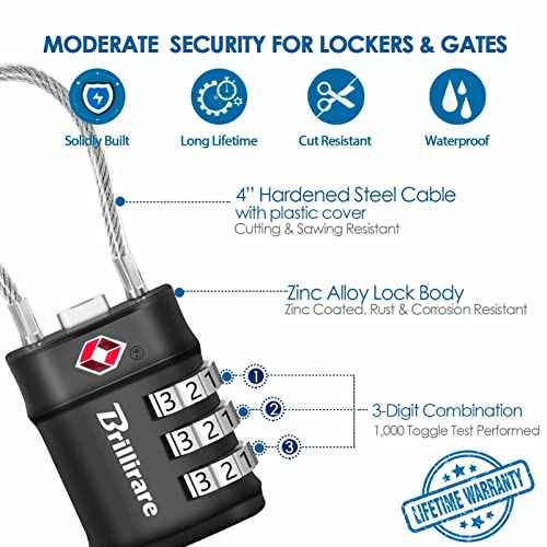 2 Pack TSA Approved Luggage Locks, Combination Travel Cable Lock, 3-Digit Waterproof Padlock, Zinc Alloy Outdoor Keyless Resettable Lock for Travel, Lockers, Bags, Backpack, Gym, Gate-by BRILLIRARE