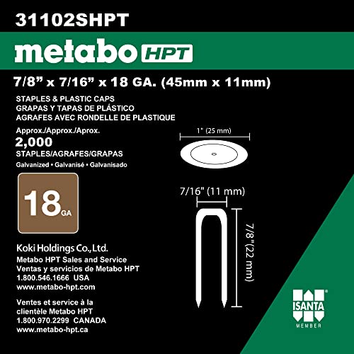 Metabo HPT 18 Gauge Staples with Plastic Caps - 7/16 In. Crown, 7/8-In Leg, Electro Galvanized, 2,000 Count (Model 31102SHPT)