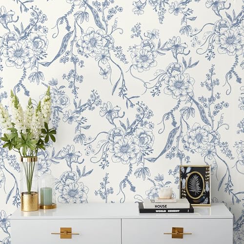 Peel and Stick Wallpaper Periwinkle Blue Wall Paper Floral Contact Paper Removable Self Adhesive Leaf Boho Waterproof Wallpaper for Walls Vinyl Rolls 16.1"x78.7"