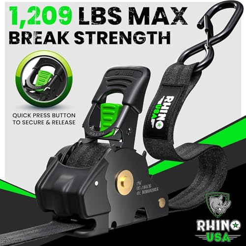 Rhino USA Retractable Ratchet Straps 4-Pack - 1in x 10ft Black, Heavy Duty