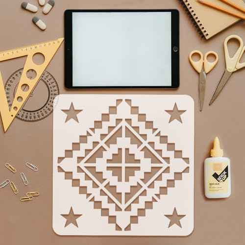 FINGERINSPIRE 3 Pcs Floor Tile Stencil 11.8x11.8inch Reusable Star Mosaic Tiles Painting Template Border & Corners Stencil Concrete DIY Stencils for Patio, Floor Tile, Wall. Home Decoration