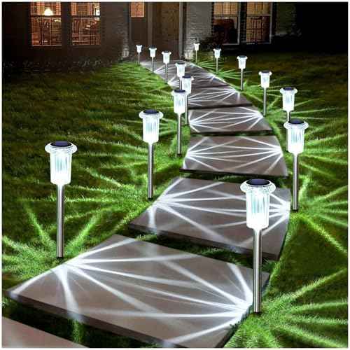DenicMic Solar Lights Outdoor 10 Pack Waterproof 6000K Cold White LED Stainless Steel Stake for Pathway Yard Garden Driveway Solar Powered Outside Christmas Decor
