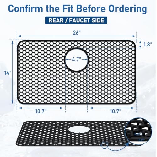 Bestjing 26x14 Inch Silicone Sink Protector Mat with Rear Drain - Black, 1 Pack