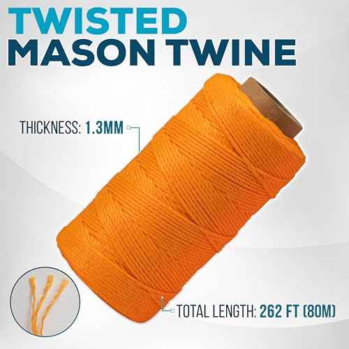 Orange Mason Line String with Handle ? 393ft, 1.3mm Thick Twisted Polypropylene ? Durable Construction Twine for Laying Bricks, Blocks, Fences in Gardening, DIY & Landscaping Projects