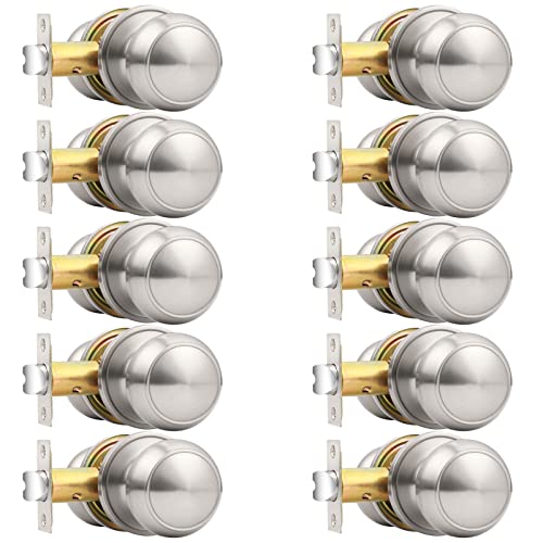 Probrico 10 Pack Brushed Nickel Interior Passage Door Knobs - Non-Locking, Easy Install