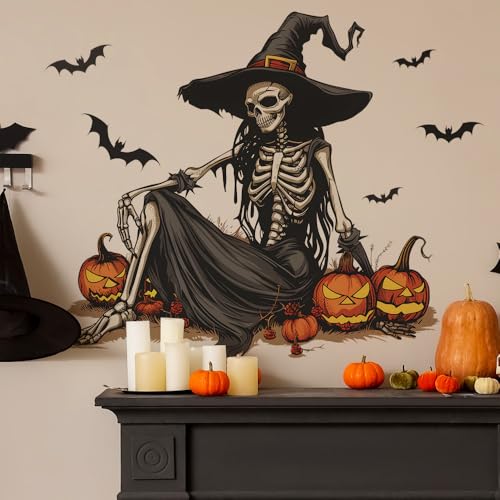 Horror Halloween Witch Skeleton Wall Decals,Removable Skull Wall Stickers with Bats & Pumpkins for Halloween Party Home Classroom Bar Decor (15.7x23.6 Inch)
