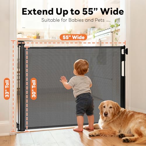 Peluasua Black Retractable Baby Gate for Doorways 55" Wide x 33" Tall Mesh Pet & Child Safety Barrier