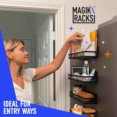 Magik Racks Magnetic Shelves - Ideal Spice Rack & Home Storage Organizer for Kitchen, Entry Way and Laundry Room - 4 Magnetic Shelves + 1 Hook Bar (3.94" x 12.2" x 3.15")