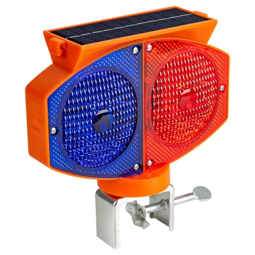 Solar Strobe Warning Light, 3 Working Modes Double Side Red Blue Flash Traffic Lights Wireless Rechargeable Waterproof Safety Barricade Warning Lights for Road Construction (Iron Clamp)