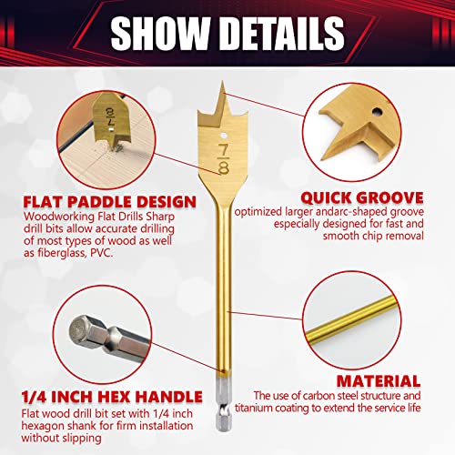 6PCS Spade Drill Bit Set Paddle Flat Bits 3/8"-1" Flat Wood Hole Cutter Fit for Most Types of Wood as Well as Fiberglass