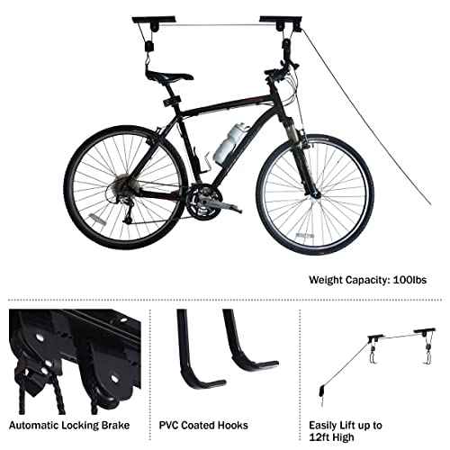 Bike Hanger - Overhead Hoist Pulley System with 100lb Capacity for Bicycles or Ladders - Secure Garage Ceiling Storage by Rad Sportz