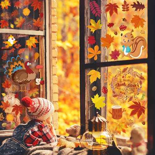 Pack of 159 Window Stickers Autumn, Maple Leaf Autumn Decoration Windows Self-Adhesive Stickers, Small Animals Pumpkin Turkey Window Fall Windows Stickers for Indoor Outdoor Glass Thanksgiving Autumn