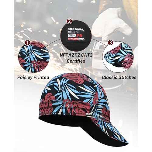 BOCOMAL Welding Cap Flame Resistant CAT2 Midweight Printed 6 Pannel Welder Caps-2 Pack