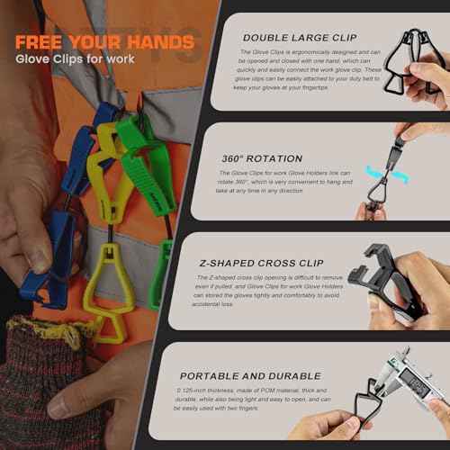 Glove Clips for Work 6-Pack | Z-Shaped Clips for Tool Belts & Hard Hats | Construction Gloves Anti-drop Keeper