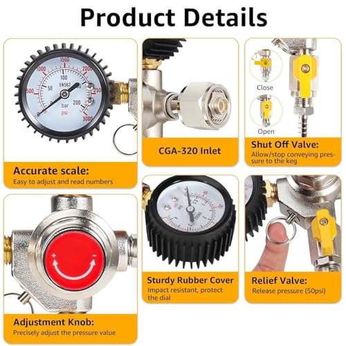 Imaictuu CO2 Regulator for Kegerator CGA-320 - Single Output with Dual Gauges