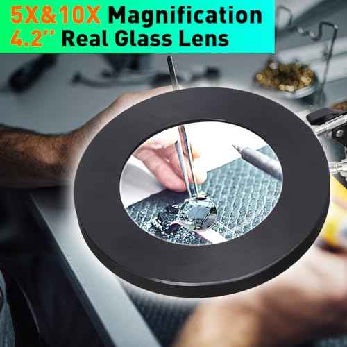 5X&10X Magnifying Glass with Light and Stand, Flexible Magnetic Helping Hand, Large Base & Clamp Magnifying Lamp, 3 Color Adjustable Arm Desk Magnifier with Light for Soldering Craft Hobby