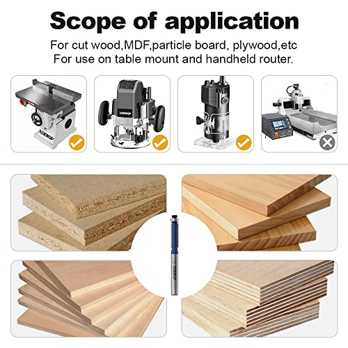 Flush Trim Router Bits 1/4 Inch Shank, 1/4 Inch Cutting Diameter, 3/4 Inch Cutting Height, Bottom Bearing Flush Straight Cut Trim Router Bit for Woodworking