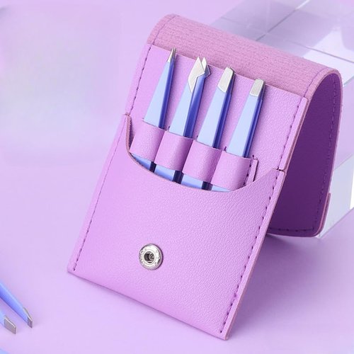 4 Piece Tweezers Set with Leather Case Precision Eyebrow Tweezers Kit Slant Pointed Flat Curved Tip for Facial Hair(P2)