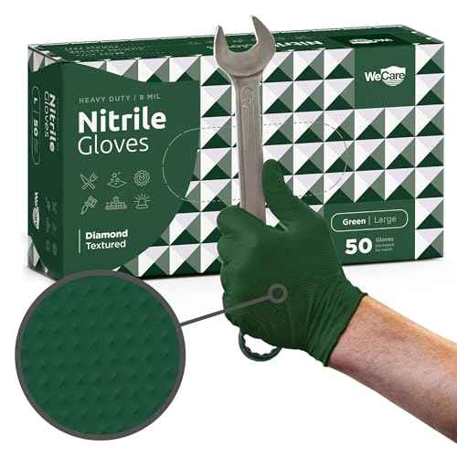 WECARE 8 Mil Nitrile Gloves - Heavy Duty Mechanic Gloves, with Diamond Grip - Powder and Latex Free Disposable Gloves
