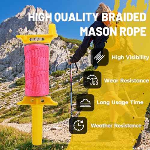 SDHUATUO Mason Line with Handle, #18 250Ft Nylon String Braided Construction Twine for Precision Work, Architectural, Gardening, Masonry Jobs, DIY £¨Fluorescent Pink£©
