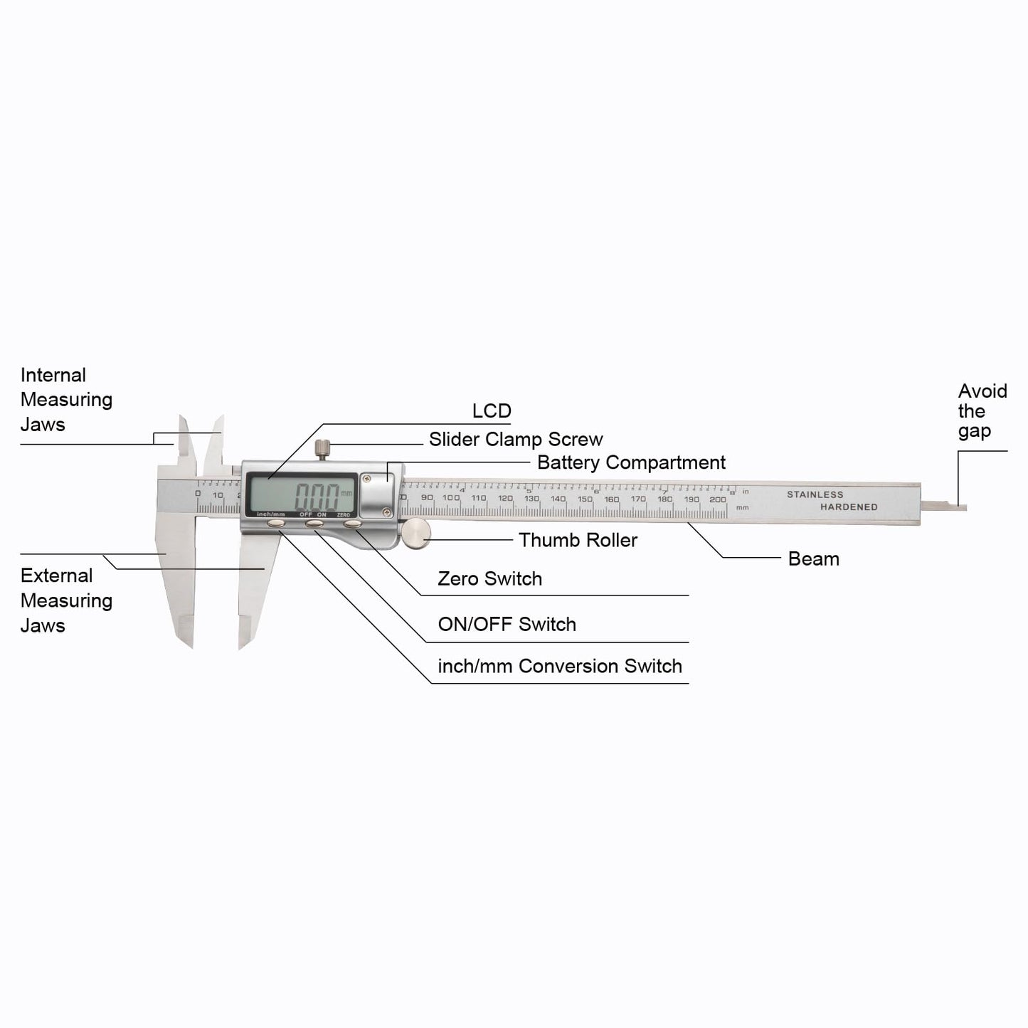 SCITOOLS All-Metal Digital Caliper 0-8" Measuring Tool, Micrometer Caliper with Auto-Off Feature, Interchangeable Between inches and millimeters for DIY/Household and 3D Printing
