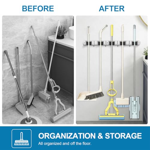IMILLET 2 Pack Stainless Steel Wall Mount Broom & Mop Organizer with 5 Racks & Hooks