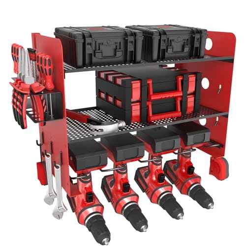 NWH Power Tool Organizer Wall Mount,Tool Organizer with 5 Drill Racks in Garage, 3 Levels of Storage Space, Heavy Duty Metal Power Tool Storage Rack Tool Shelf for Garage Organization