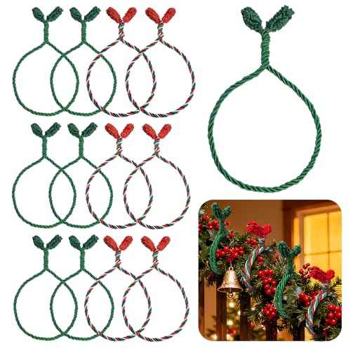 Christmas Holiday Garland Ties Decorative Wreath, 12 Pcs Flexible Gift Craft Wrapping Decorations for Home Banister, Lamp Posts, Christmas Stocking or Stairs Outdoors Decoration(Green&Red)
