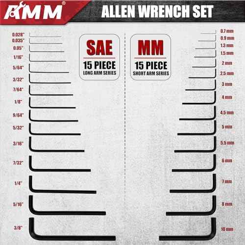 AMM 31-Piece Hex Key Wrench Set, Metric and SAE Allen Wrenches (0.028-3/8 inch, 0.7-10 mm) L Shape Allen Keys, Chrome Vanadium Steel