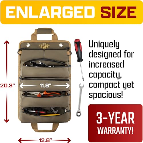 The Ryker Heavy Duty Khaki Classic Tool Roll Up Organizer with Detachable Pouches