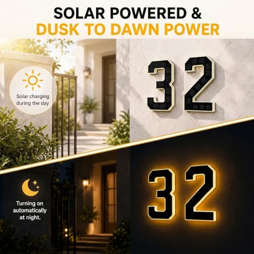 4.7 Inch Solar House Numbers Black-1 Outdoor Wall Sign with Warm White Backlit