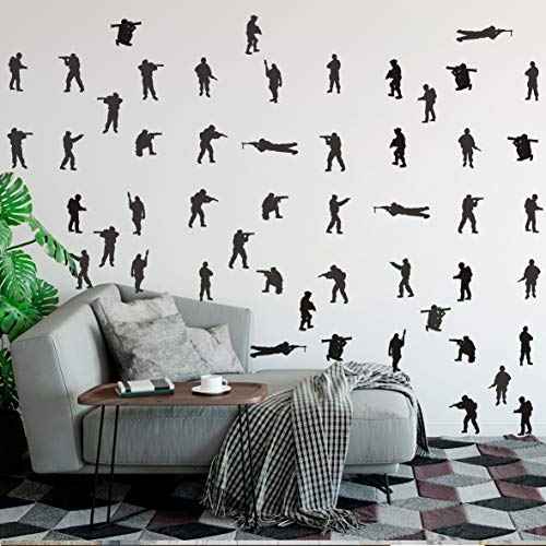 48PCS Military Wall Stickers for Boys Bedroom, Army Soldier Decals with Seals, Infantry, Snipers, Stormtroopers, Artillery Figures, Vinyl Removable Wall Art for Kids Room Decor AM158 (Black)
