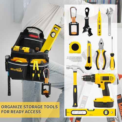 MELOTOUGH Electrician Tool Pouch with Belt,Tool Bag,13 Pockets Small Tool Pouch Designed for Electrician,Carpenter,Construction,Yellow