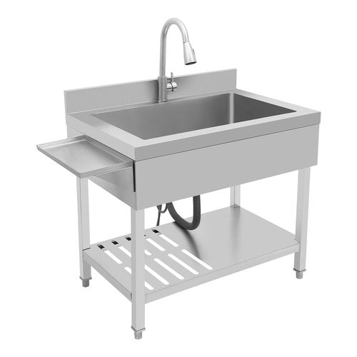 Stainless Steel Utility Sink 35.4" x 22.4", Free Standing Single Bowl Kitchen Sink with Pull-Out Faucet, Deep Basin Commercial Sinks with Storage Shelf for Laundry Room, Workshop, Basement (Silver)