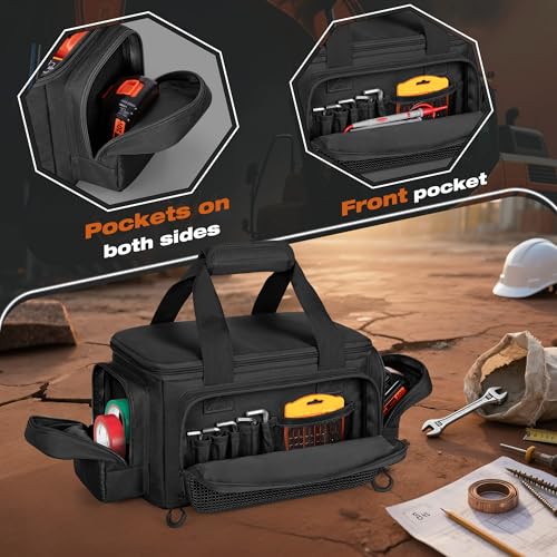 Small Tool Bag with Anti-friction Bottom, Tactical 12" Tool Tote for Men, Hand Tool Storage Organizer for Electrician, Repairman and Carpenters, Black