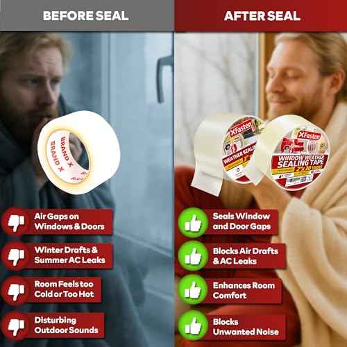 XFasten Transparent Window Weather Sealing Tape, 2-Inch x 30 Yards (50.8mm x 27.43m), Clear Window Draft Isolation Sealing Film Tape, No Residue