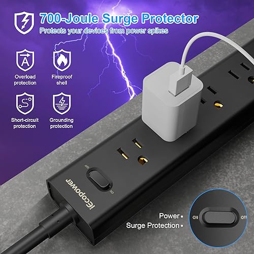 2 Pack Power Strip Surge Protector with 5 Outlets & USB-C, 1250W, 5ft Extension Cord, Wall Mount - IECOPOWER