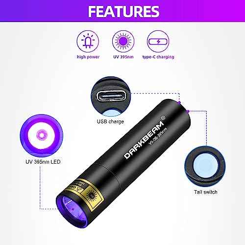 DARKBEAM Flashlight UV Black Light 395 NM, Mini but Powerful USB- C LED Rechargeable Woods Lamp, Ultraviolet Flashlights for Pet Dog Urine, Stains Detection/Resin Curing/Fluorescent Agent