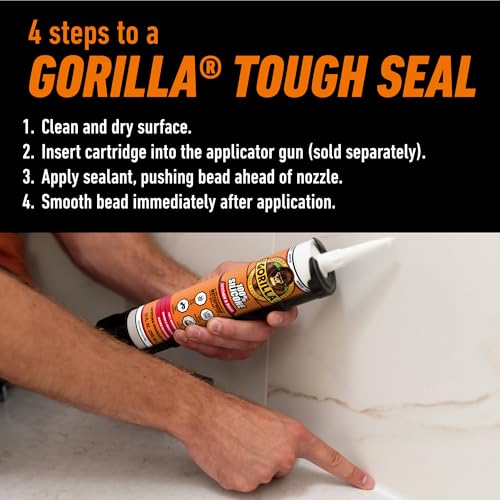 Gorilla 100% Silicone Caulk - White, 10 oz Cartridge, Waterproof Bathroom Sealant