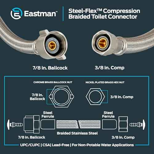 Eastman 12 Inch Flexible Toilet Connector, 7/8 Inch Ballcock x 3/8 Inch Compression, Stainless Steel Braided Hose, 48088