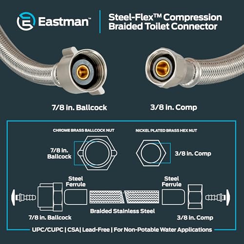 Eastman 12 Inch Flexible Toilet Connector, 7/8 in. Ballcock x 3/8 in. Compression, Stainless Steel Braided Hose, Model 48088