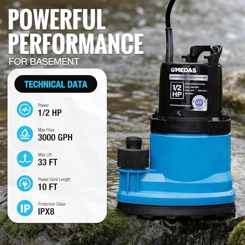 MEDAS 1/2 HP Portable Sump Pump for Pool, Pond, Basement Water Removal