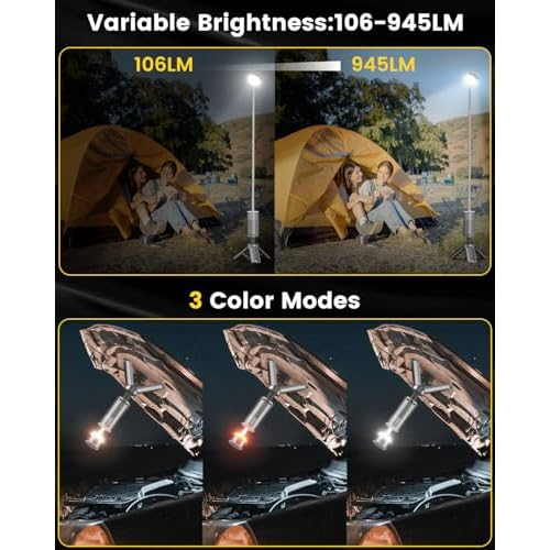 Camping Lantern Telescopic - Camping Light with 12000mAh Battery Magnetic Base, 3 Light Modes, Waterproof Rechargeable LED Hiking, Emergency, Outdoor & Indoor Use